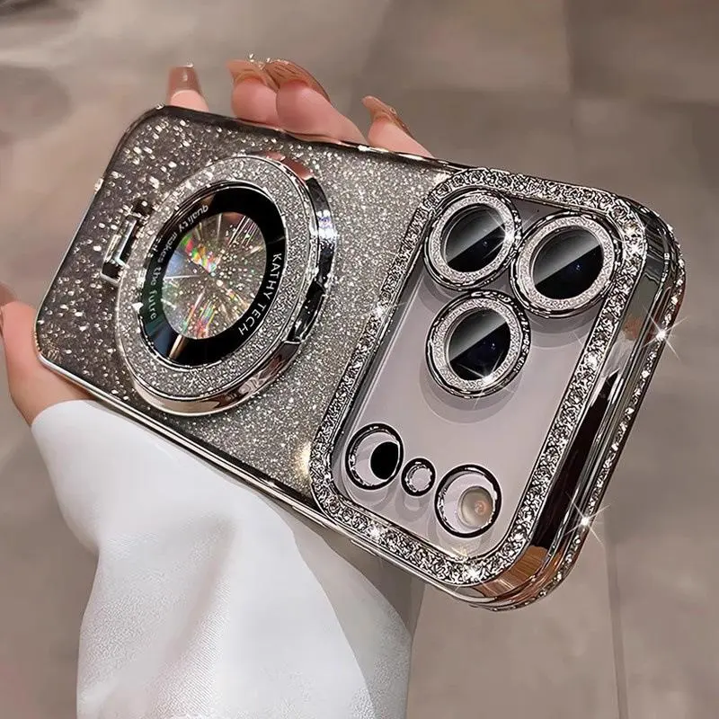 Luxury Magnetic Stand Silicone Protective Casing for iPhone 12/13/14 Plus/15/16/17 Pro Max - Transparent Cover with Anti-Drop, Shockproof Design, Full Camera Lens & Gold Flash Protector, Double Row Diamond Mirror Customization (Tech Accessory)