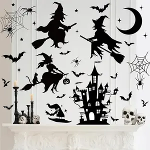 Halloween Wall Stickers Black Witch Castle Spider Bat Wall Decals Removable Room Mural Stickers for Home Hocus Pocus Party Decor, 11.8 x 13.8 Inch, 8 Sheets