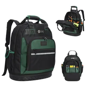 Large Capacity Heavy Duty Tool Backpack for Electricians, 17'' Shockproof Oxford Cloth Bag with Curved Hard Base & Multiple Compartments
