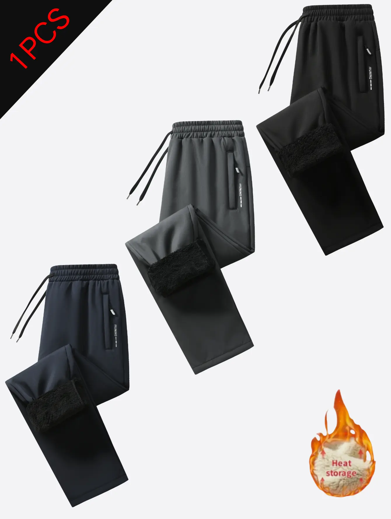 Men’s mid-rise double-layered elastic waistband fleece-lined straight-leg pants with an adjustable metal drawstring and side zipper pockets; reinforced stitching throughout with visible thread; windproof woven fabric lining that traps heat for warmth; str