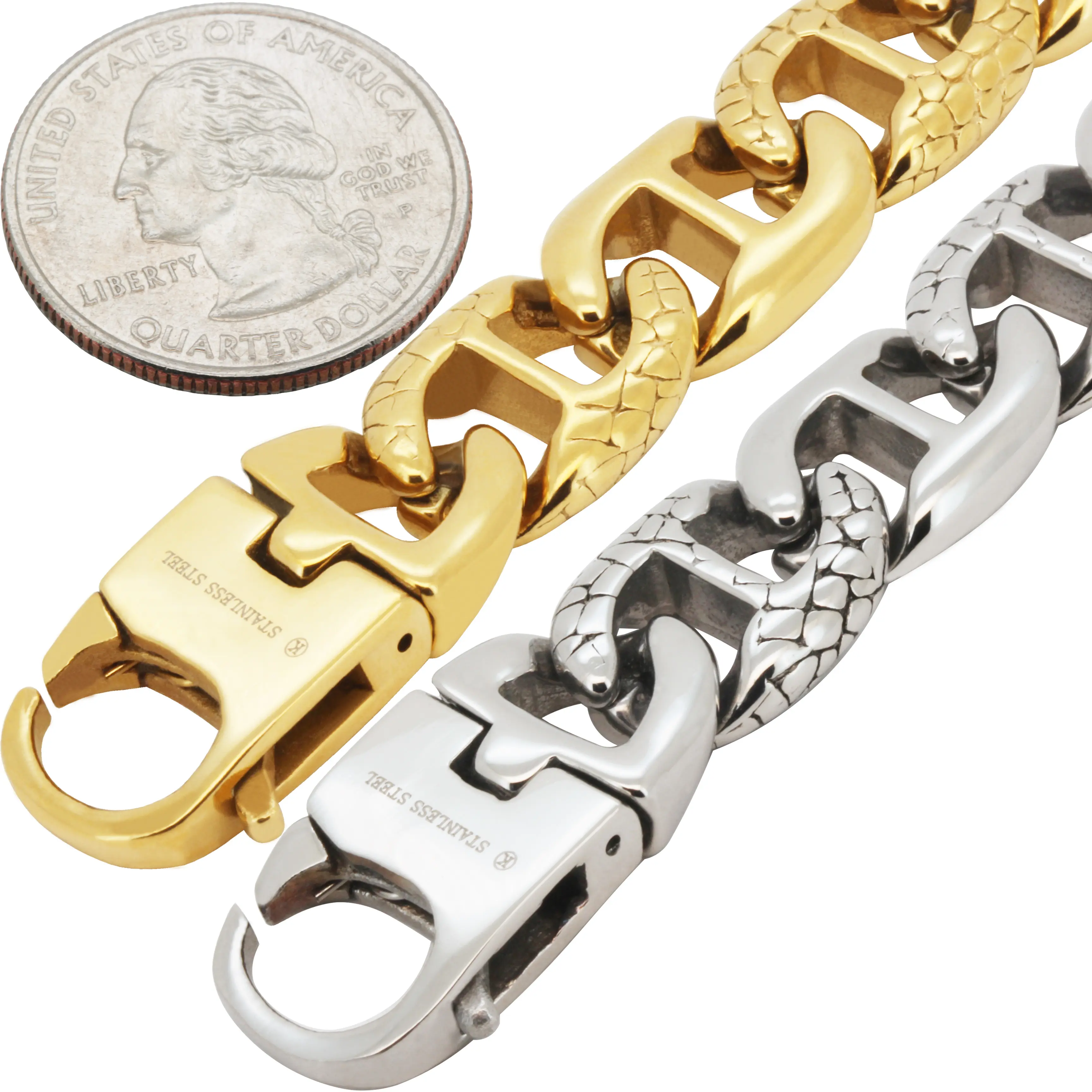 316L Stainless Steel 18k Yellow Gold Plated 13mm Textured Mariner Link Bracelet 8.5”
