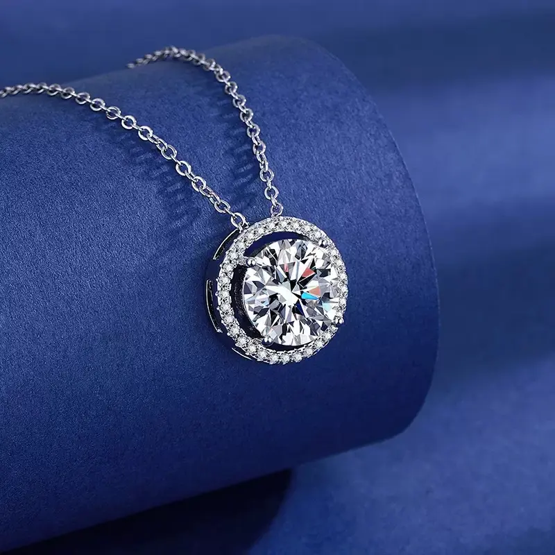 5CT Round Full Halo Paved Moissanite Clavicle Pendant 7 Inch Chain Copper Plated White Gold