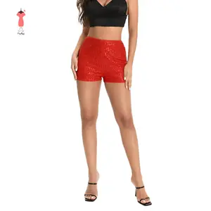 Women's Summer Sequins Shorts Mid Waist Elastic Band Sparkly Straight Leg Shorts Glitter Hot Pants for Party