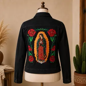 Embroidered Black Denim Jacket for Women | Mexican Floral Rose Jacket | Handmade Boho Western Jacket | Mexican Inspired Fashion Gift