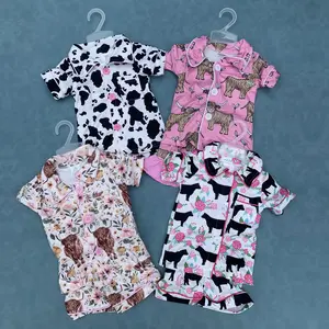 Western highland cow kids girls short sleeve pajama set