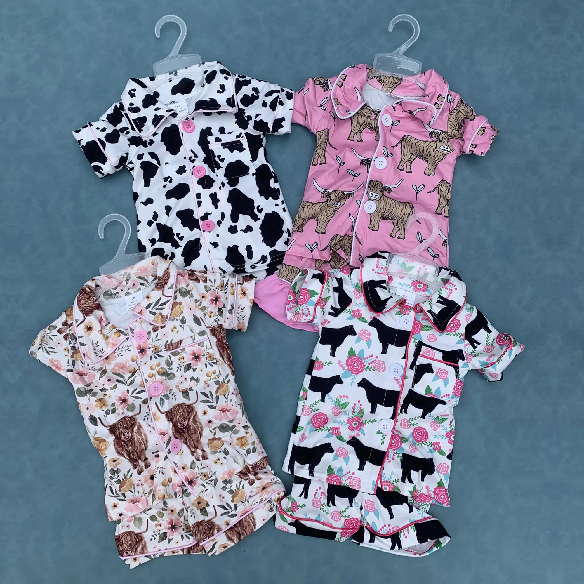 Western highland cow kids girls short sleeve pajama set
