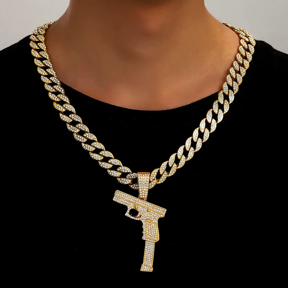 Machine Gun Funk Style Pendant & 15mm 16" 18" 20" 24" Iced Cuban Chain Hip Hop Necklace Jewelry Accessory Machine Gun Funk Style Pendant & 15mm 16" 18" 20" 24" Iced Cuban Chain Hip Hop Necklace Jewelry Accessory