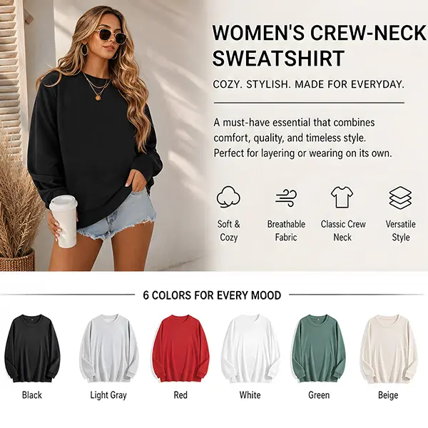 Women's Basic Long-Sleeve Round Neck Pullover Sweatshirts, Solid Color Casual Tops for Autumn-Winter, Versatile Daily Womenswear, Longsleeves, Minimalist, Hoodie, Lady, Cotton, Plain, Regular Cut, Pull On