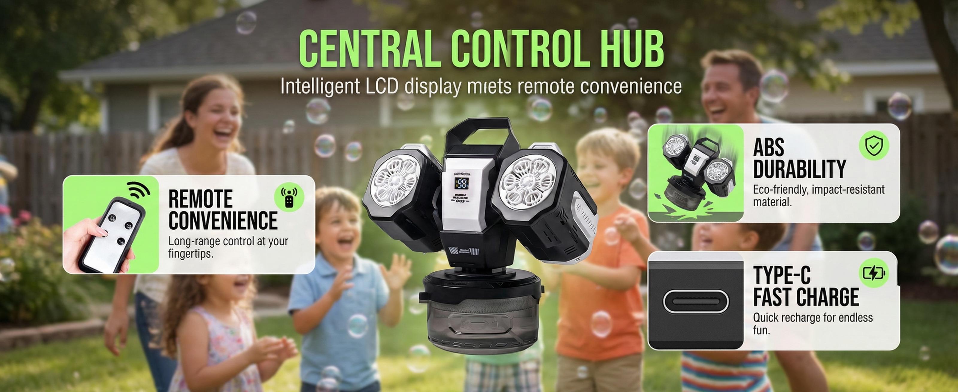 Dual-Head Handheld Party Bubble Maker for 8+ Years, Wireless Remote Control, 3.7V Rechargeable Lithium-Ion Battery, RGB Lighting, 360° Auto Rotation, 30000 Bubbles/Min, Wedding & Outdoor Play, Handheld Bubble Maker