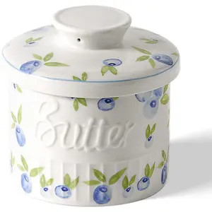 Butter Crock for Counter With Water Line, On Demand Spreadable Butter, Ceramic Butter Keeper to Leave On Counter,  Butter Dish with Lid (Yummy Blueberry)