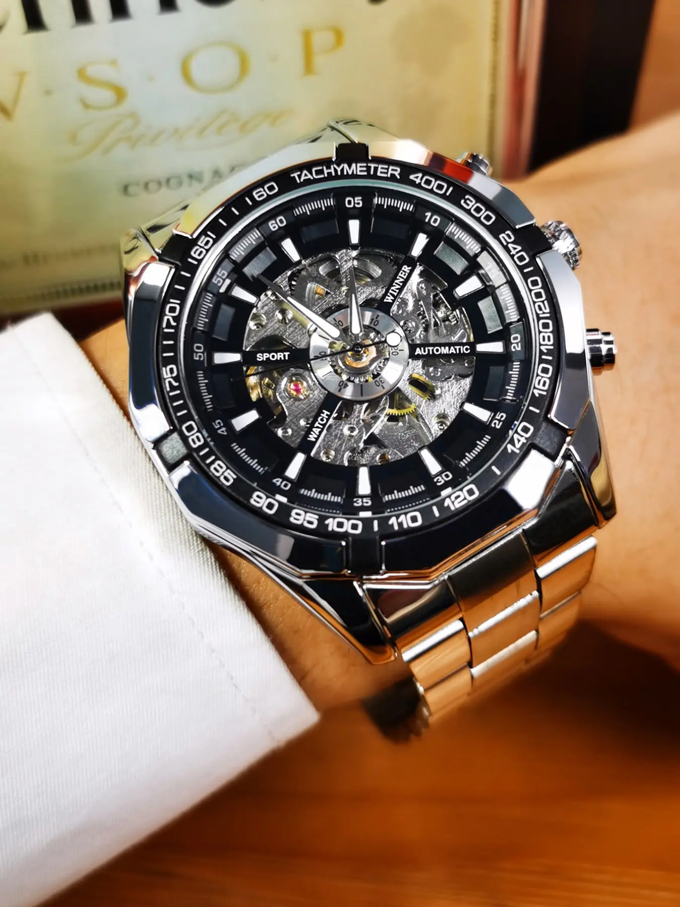 1pc Fashion Transparent Skeleton Automatic Mechanical Classic Analog Watch for Men Luminous Hands Silver Stainless Steel Strap Classic Business Mens Watches