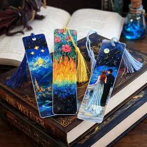 Stained Glass ACOTAR Bookmark Set of 3, Aluminum Fantasy Book Lover Gift, Fantasy Acrylic Bookmark with Tassel, Stained Glass Style Mountain, Flame & Couple Design, Aesthetic Book Lover Gift, Reading Accessory