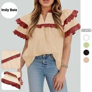 Imily Bela Womens Ruffle Sleeve Babydoll Tops Color Block Summer V Neck Pleated Blouse Dressy Casual Loose Fit Shirts