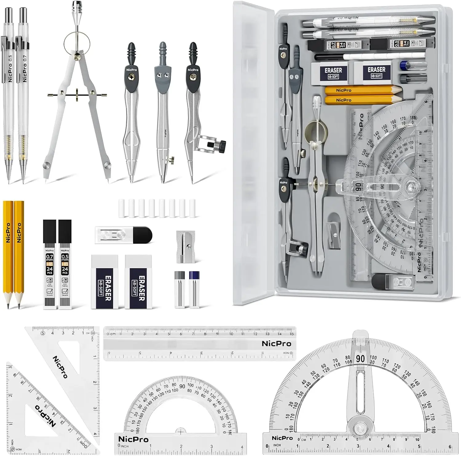 22 PCS Geometry Tool Set with Case, Office & School Drafting Supplies for Students - Includes Swing Arm Protractor, Rulers, Metal Compass, Square Set, Mechanical Pencil