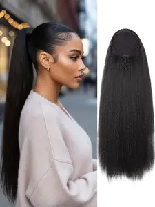 Long Yaki Straight Drawstring Ponytail, 24 Inch Synthetic Slight Kinky Straight Clip In, for Daily & Party Use