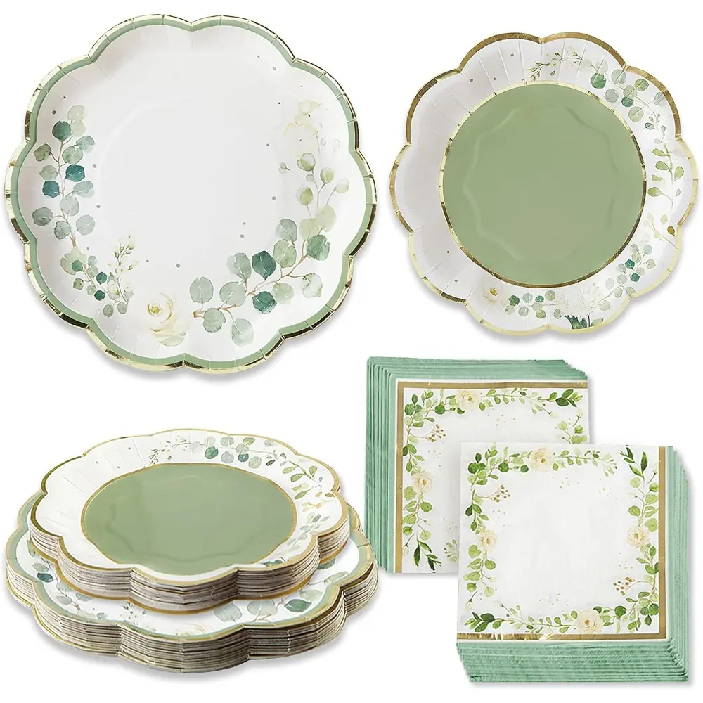 62-Piece Heavyweight Paper Colorful Disposable Tableware Set - Sage Green with Gold Foil Eucalyptus Botanical Garden Print Plates & Napkins, Party Supplies for 16 Guests (Baby Shower, Bridal Shower), Disposable Plates