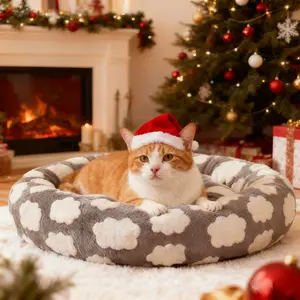 Donut Bed for Indoor Cats & Small Dogs, Round Calming Orthopedic Pet Bed with Removable Washable Cover, Features Jacquard Plush & Non-Skid Bottom