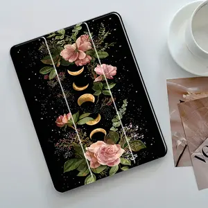 Floral Moon Phase Galaxy Three-Tier Stand iPad Case, Tablet Protective Cover, Transparent Acrylic Hard Back, Pencil Slot & Charger Port, Fits iPad 7.9/8.3/10.2/10.5/10.9/11 inch, Shock-resistant Protective Case Suitable for Offices Schools Homes