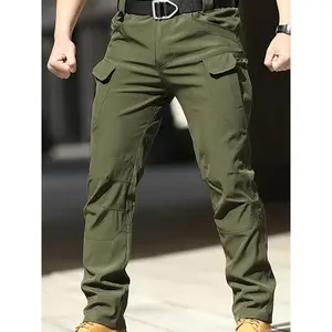 Men's Multi-Pocket Work Pants - Men's Outdoor Casual Tactical Trousers - 90.7% Polyester, 9.3% Spandex - Durable Fabric with Elastic Waist - Regular Fit, Machine Washable - Spring/Autumn Casual Attire Hiking Longs