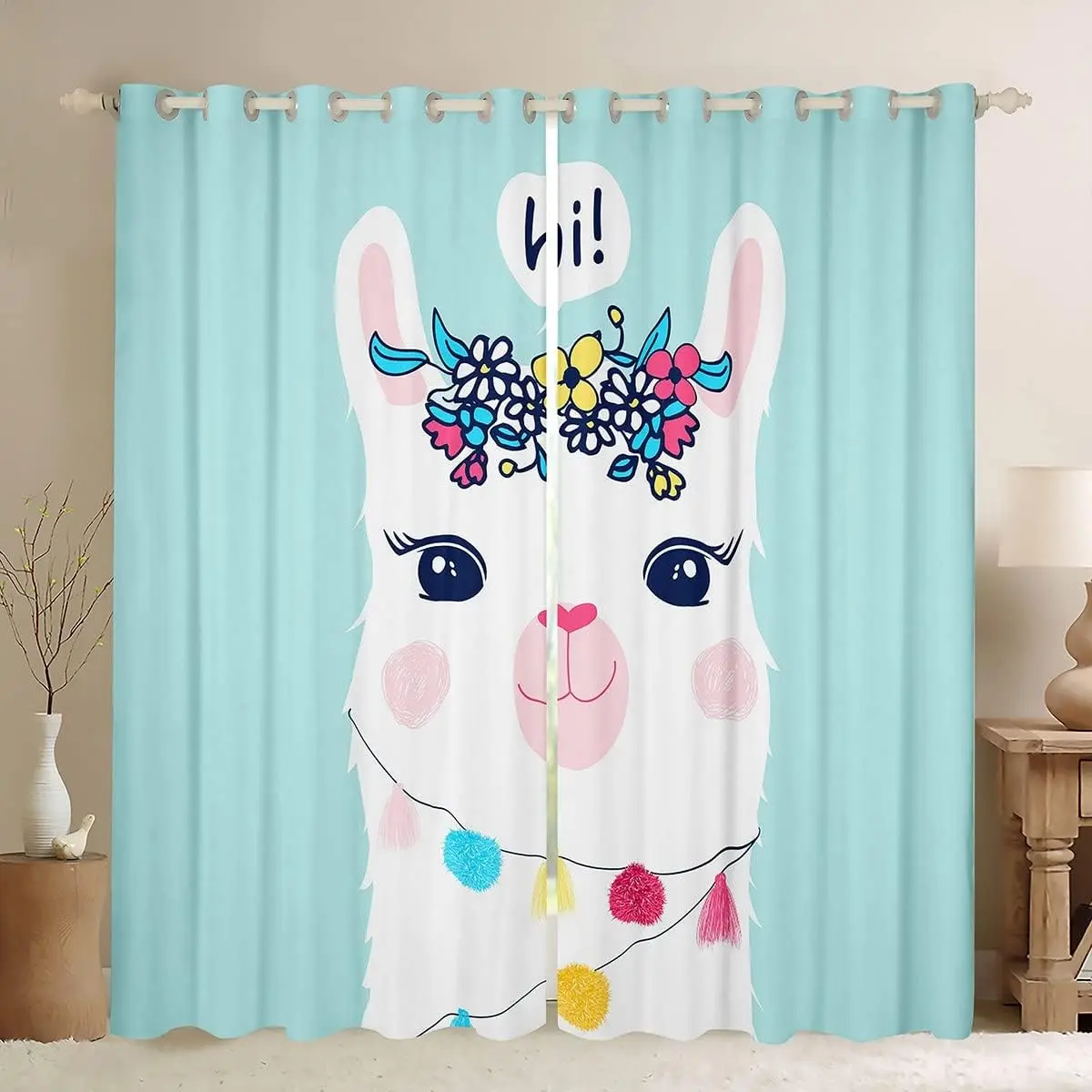 Feelyou Child-Friendly Cartoon Print Blocking Curtains - 2-Panel Set, Teal Llama Design, 30-50% Light Blocking, Grommet Top Privacy Curtains for Character-Themed Animal Decorative Home Use, Cartoon Print Curtains