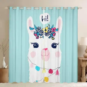 Feelyou Child-Friendly Cartoon Print Blocking Curtains - 2-Panel Set, Teal Llama Design, 30-50% Light Blocking, Grommet Top Privacy Curtains for Character-Themed Animal Decorative Home Use, Cartoon Print Curtains
