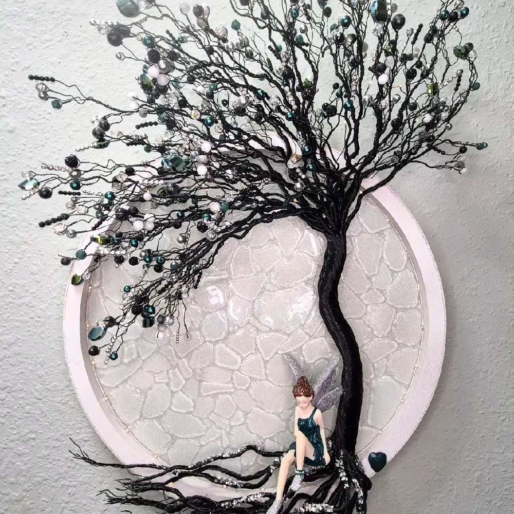 Enchanted Reverie Black Wire Tree of Life Wall Art | Illuminated Fairy Wall Sculpture | Resin Tree of Life Decor | Teal Silver Fairy Lights | OOAK