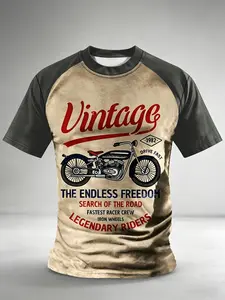 Vintage Motorcycle Print Raglan Sleeve Motorbike T-Shirt, Casual Long Sleeve Top, Loose-Fitting H-Type Graphic Tee for Men