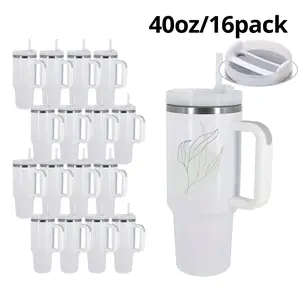 Crafix 16-Pack 40oz Sublimation Ready White Blank Stainless Steel Double-Wall Insulated Leak-Proof Modern Tumbler Mugs with Lids, Plastic Straws, Removable Handles - Portable Vacuum Flasks for Car, Home