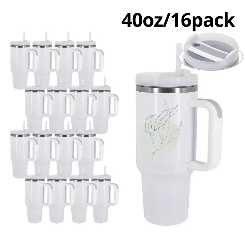 16-Pack 40oz Sublimation White Mug, Blank Stainless Steel Double-Wall Insulated Tumbler with Lids, Plastic Straws, Removable Handles -Vacuum Flasks for Car, Home, Animals, 16Pcs