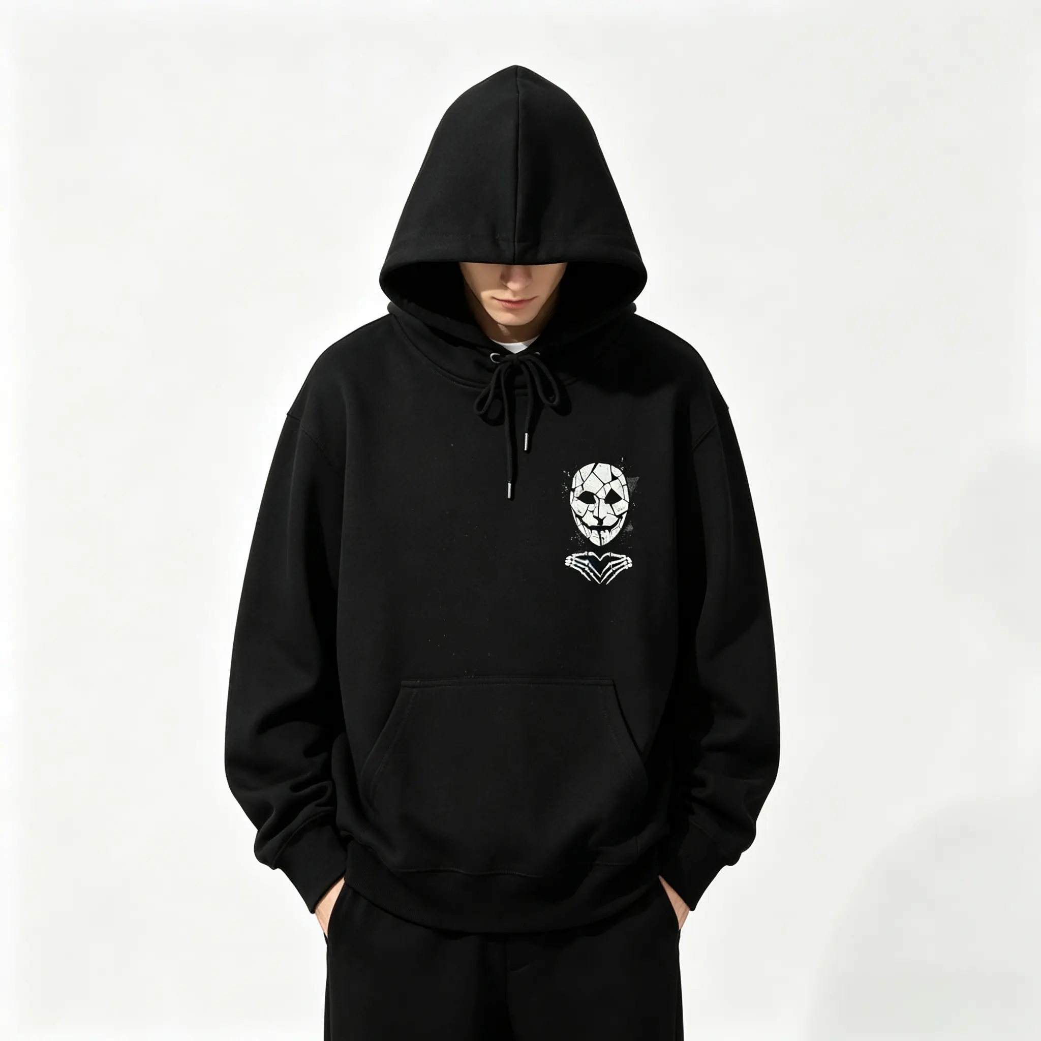 Men's Unisex Soft Fleece Adjustable Drawstring Oversized Hoodie, Cracked Mask Graphic Pullover Tops, Double Sided Retro Hand Heart Print, Long Sleeve casual daily street outings wear for bold street look Menswear Skeleton Sweatshirts Baggy Loose
