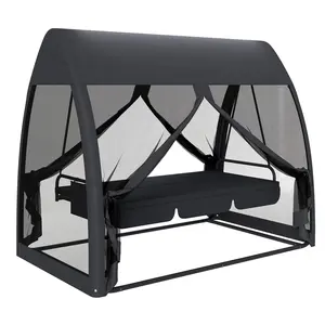 Outsunny 3-Seat Patio Swing Chair, Porch Swing Bed with Convertible Backrest, Cushion, Canopy, Side Pocket and Mesh Netting for Patio, Garden, Backyard, Coffee