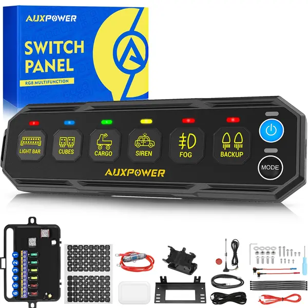 Auxpower 6 Gang Wireless Switch Panel S6W Control Range Up to 328FT Toggle Momentary Pulsed SOS RGB Switch Panel Auxiliary Portable Remote Panel Automotive Slim Switch Panel for Pickup Truck Boat UTV