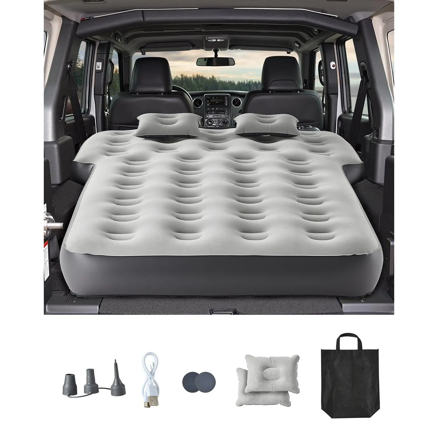 【DealsForYouDays】VEVOR Inflatable Car Airbed - Fits Toyota 4runner, Jeep Wrangler, Flocked Thick Portable Sleeping Pad with Built-in Pump, 2 Pillows, Gray Camping Equipment, Camping Accessory