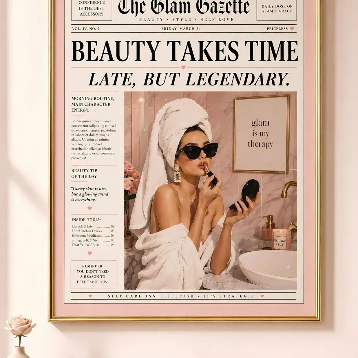 Pink Bathroom Wall Art, Glam Newspaper Poster, Funny Beauty Print, Powder Room Decor | Frameless Poster 4