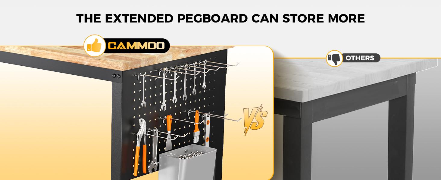 CAMMOO 47.64" Adjustable Heavy Duty Workbench, 2000 LBS Load Capacity Rubber Wood Work Table with Pegboard, Power Outlets, Work Bench for Garage, Workshop, Office, Home, Commercial