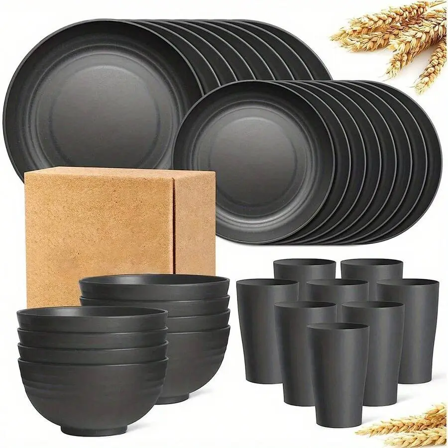 16-Piece Modern Round Solid Wheat Straw Tableware Set - Eco-Friendly Kitchen Supplies with Cutlery, Reusable Dishes, Bowls, Mugs, Microwave-Safe, Dishwasher-Safe for Adult, 1-5 People Gatherings, Everyday Use