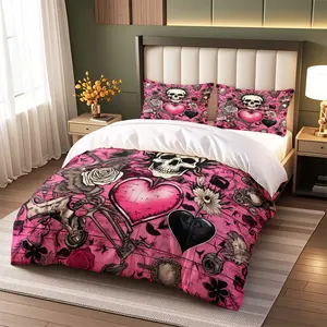 3pc Pink Valentine's Day Gothic Bedding Set, Black Skull and Heart Duvet Cover Set, Decorative duvet cover, includes 1 duvet cover and 2 pillowcases, suitable for single and double beds, perfect for bedrooms, college dorms, makes a great gift