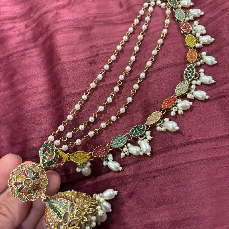 Multicolor Jhumki Earrings with Sahara kan chain Faux Pearl and Stones Gold Plated for Elegant Looks
