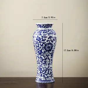 Handmade Vintage Blue Ceramic Vase, Home Decorative Vase, Floral Pattern Cylinder Decorative Vase, New Fresh Flowers & Hydroponic Plants Holder