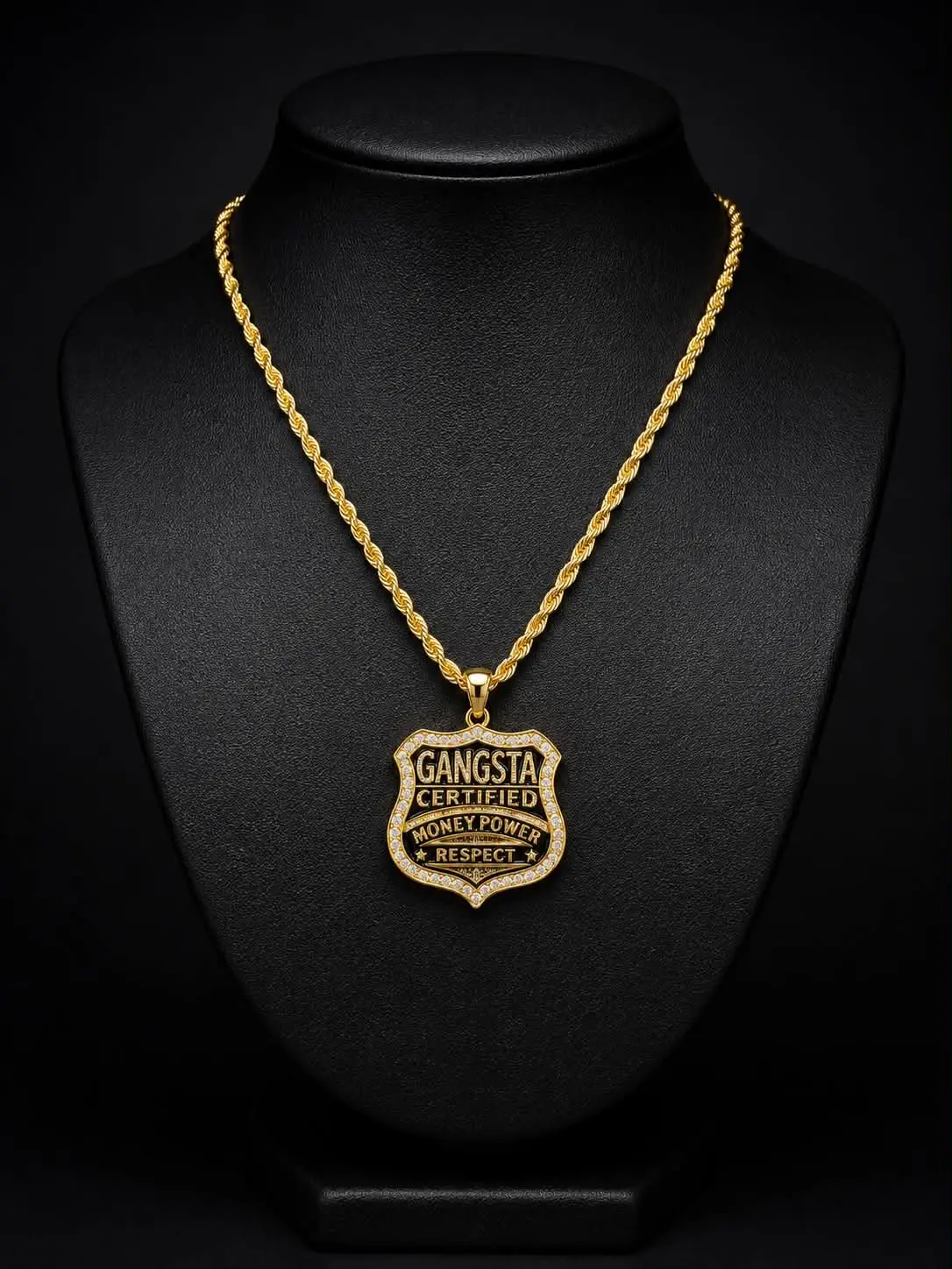 Iced 14K Gold Plated Gangsta Money Respect Power Pendant with 30" Rope Chain Necklace