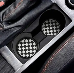 Black White Checkered Car Coaster Set Retro Checkerboard Auto Cup Holder Coasters Stylish Ceramic Car Accessory Gift
