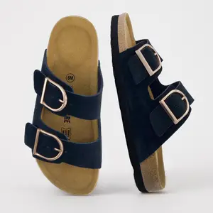 Cushionaire Women's Legacy Cork Footbed Sandals – Genuine Leather Double Strap Slide Sandals with Memory Foam Cushioned Insoles, Adjustable Buckles