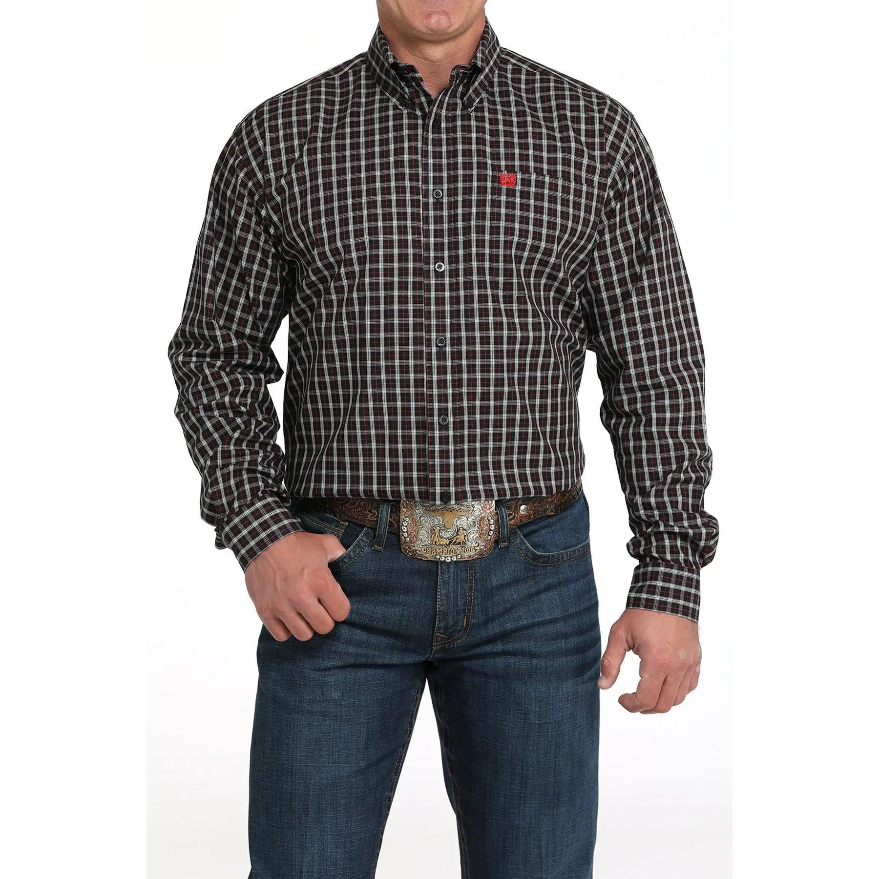 Cinch Men's Black Plaid Stretch Long Sleeve Button Down Shirt
