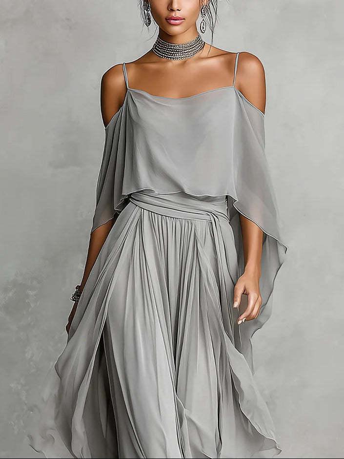 Women's Elegant 2 Piece Chiffon Pantsuit Set - Cold Shoulder Cape Top & High Waist Flowy Wide Leg Palazzo Pants for Wedding Guest, Evening Party