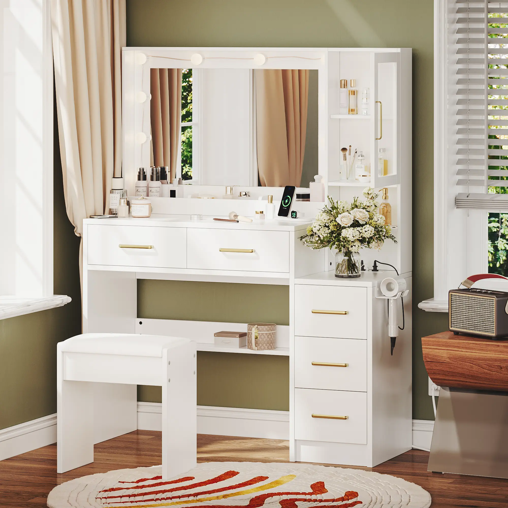 TOKSOM 35.44in Modern Lighted Vanity Table - High-Brightness Stylish Makeup Vanity with Charging Station, 5 Drawers, 1 Dust-Proof Cabinet, Open Storage Shelves, White Drawer-Style Bedroom Dressing Table for Girls, Modern Vanity Table, Lighted Vanity Desk