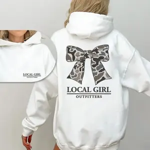 Local Girl Coquette Bow Hoodie, Coquette Bow Camouflage Design Featuring Camo Graphic Casual Hooded Pullover Cotton Womenswear Oversized Print. Camouflage Girl