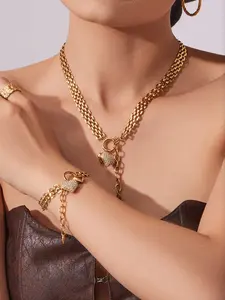 Watch Chain Elastic Buckle Full Diamond Heart Zircon Bracelet Necklace Stainless Steel Pvd Gold Plated Cross Border Jewelry Set