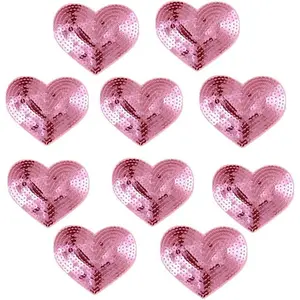 Pack of 10 Shiny Heart Sequins Iron on Applique Embroidered Patches-Pink