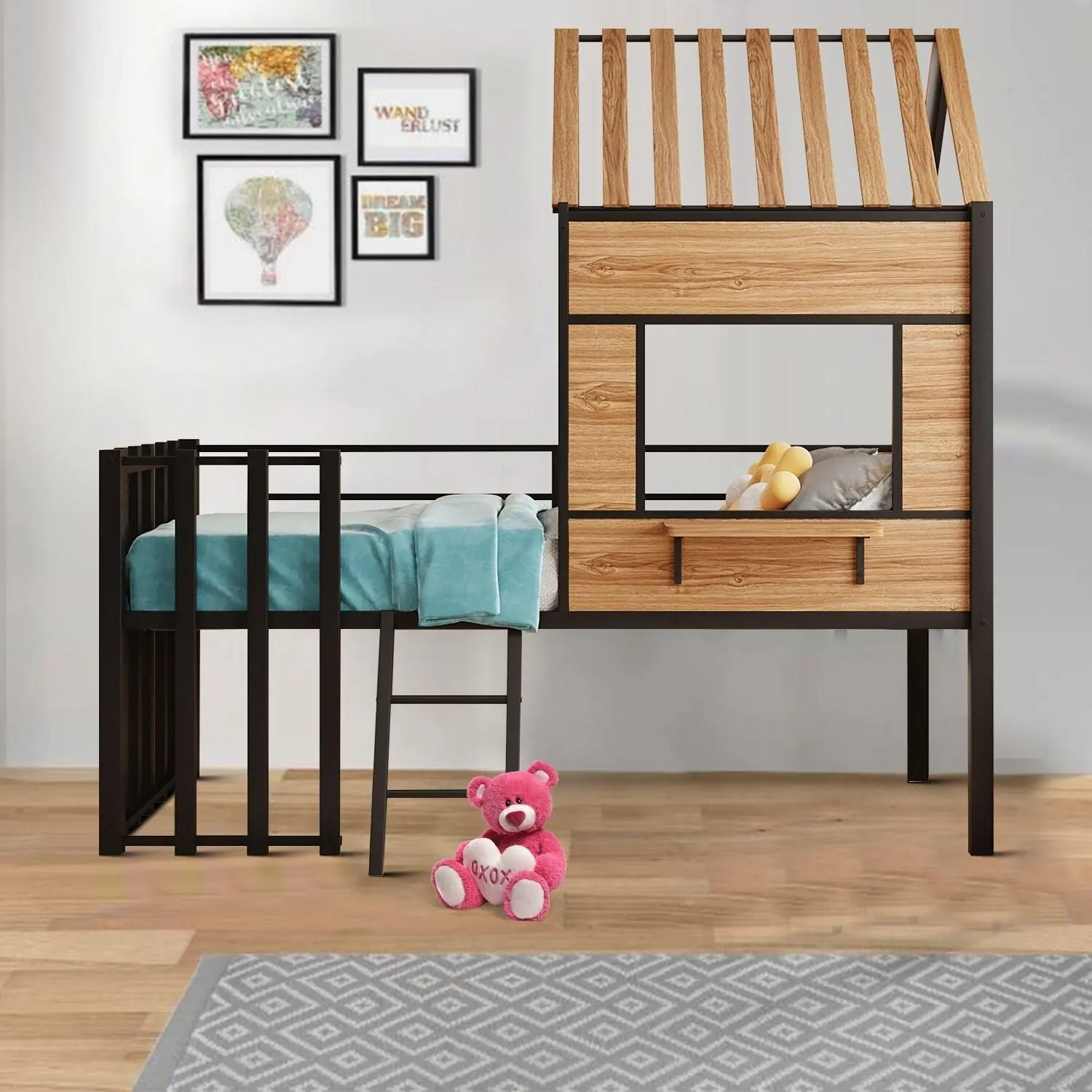 Contemporary Stylish Twin Size Loft Bed with Guardrail and House Shape Frame