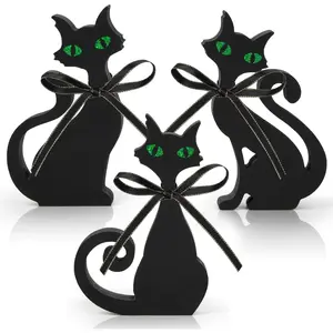 Black Cat Halloween Table Decorations Indoor, Wooden Black Cats Tiered Tray Decor Set, Wood Black Cat Blocks with Ribbons Party Home Shelf Tabletop Decoration